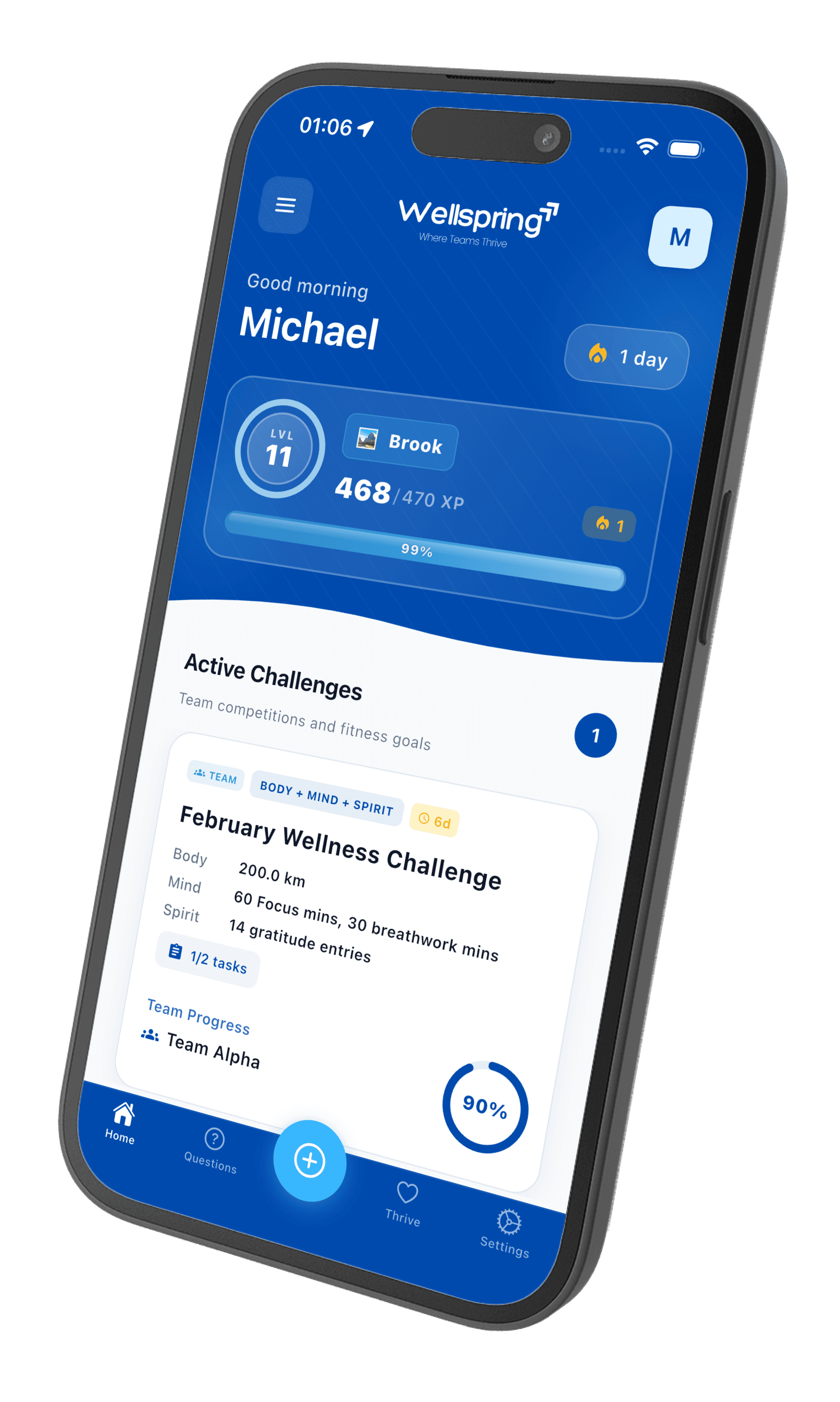 WellSpring mobile app home screen